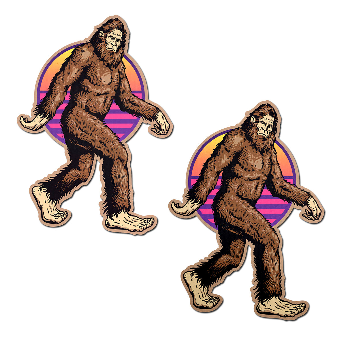 Pastease Sasquatch Bigfoot Pasties brown illustrated Sasquatch-shaped Pastease pasties with purple circle backgrounds