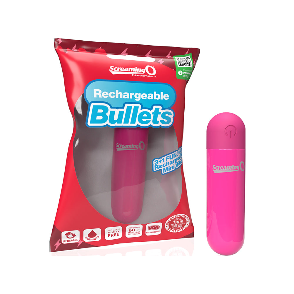 Screaming O Rechargeable Bullets Pink hot pink Screaming O rechargeable bullet vibrator next to red retail pouch