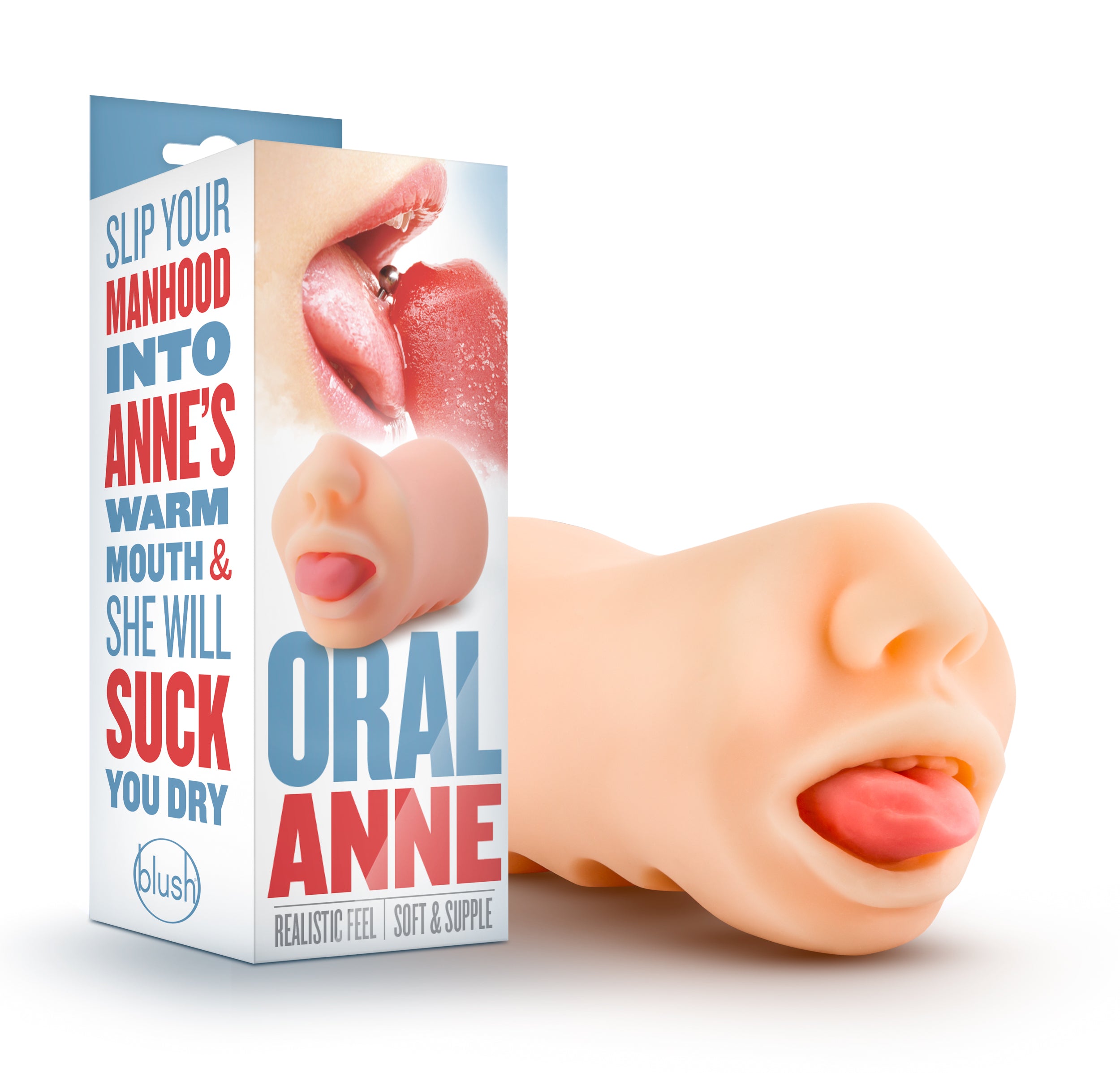 X5 Men Oral Anne Mouth Stroker Beige Blush X5 Oral Anne Beige Stroker beside blue carton