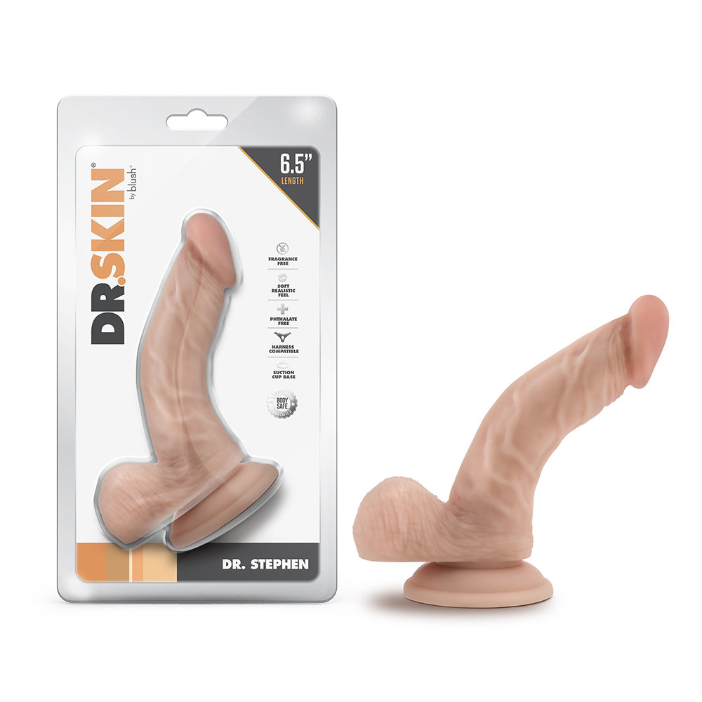 Dr. Skin Dr. Stephen 6.5 in. Dildo with Balls Beige Blush Dr. Skin Dr. Stephen beige 6.5-inch TPE dildo beside front retail package