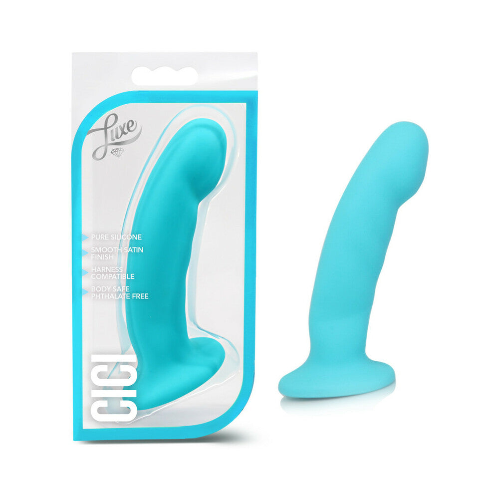 Luxe Cici 6.5 in. Curved Silicone Dildo Blue Teal Blush Luxe Cici curved silicone dildo in clear-front package