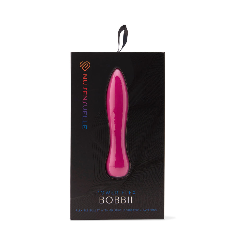 Nu Sensuelle Bobbii Power Flex Bullet Magenta Nu Sensuelle Bobbii magenta vibrator displayed in a tall black window box