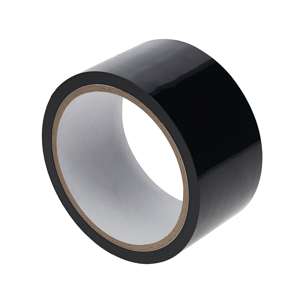 Ouch! PVC Non-Stick Tape Black Angled view of glossy black Ouch PVC tape roll with white core