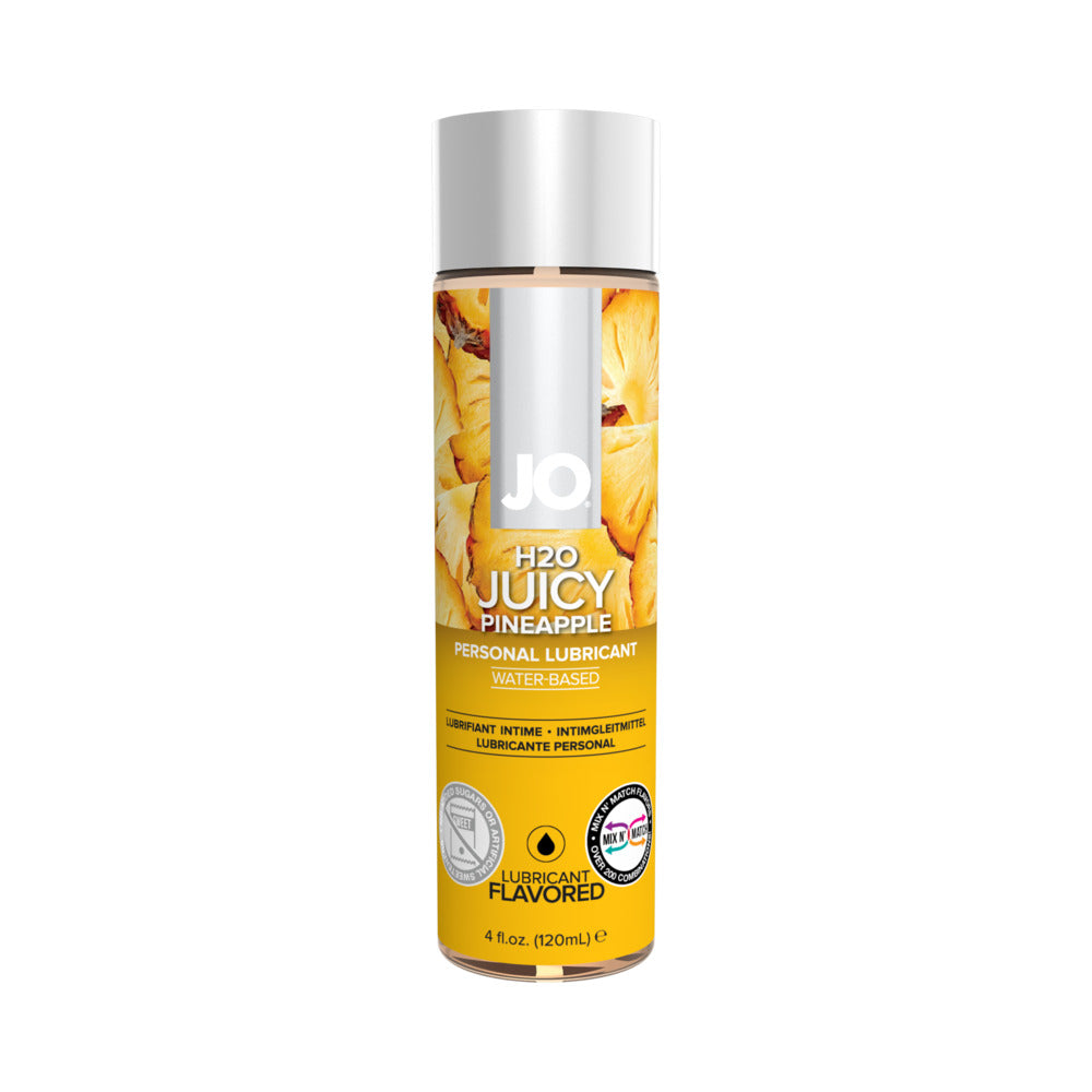 JO H2O Juicy Pineapple Flavored Water-Based Lubricant 4 oz. Front view of 4 oz JO H2O Juicy Pineapple bottle with silver cap and yellow label