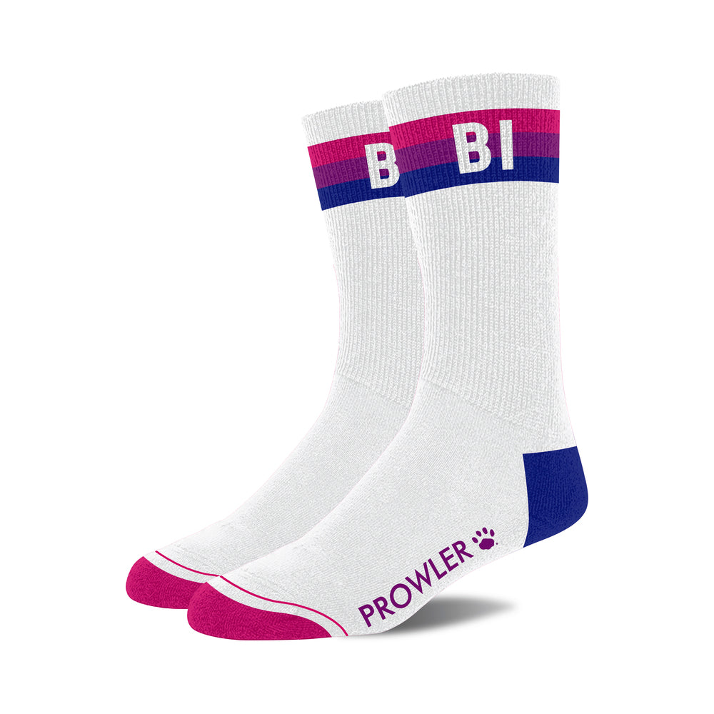 Prowler Bi Socks pair of white Prowler Bi socks with pink toes, blue heels and bi pride cuffs