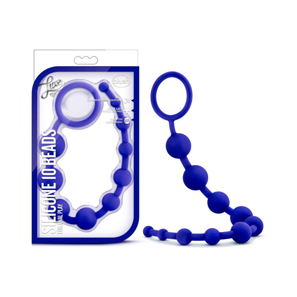 Luxe Silicone 10 Beads for Anal Play Indigo Blush Luxe Indigo 10-Bead Strand indigo bead strand beside white retail card