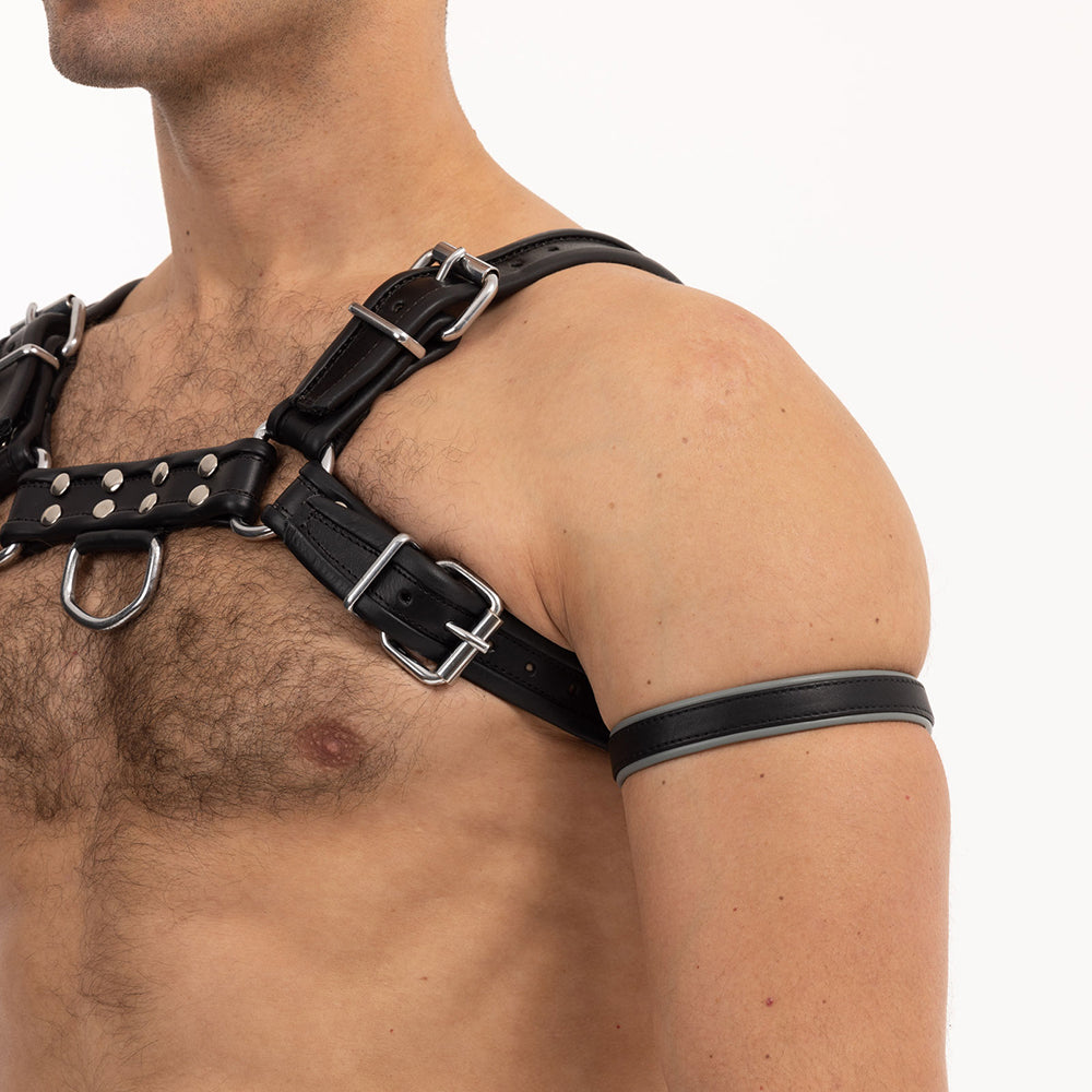 Prowler RED Bicep Band Grey Grey Prowler RED leather bicep band worn on upper arm with chest harness