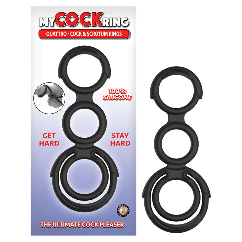 My Cockring Quattro Cock & Scrotum Rings Black Black My Cockring Quattro four-opening silicone ring set beside package