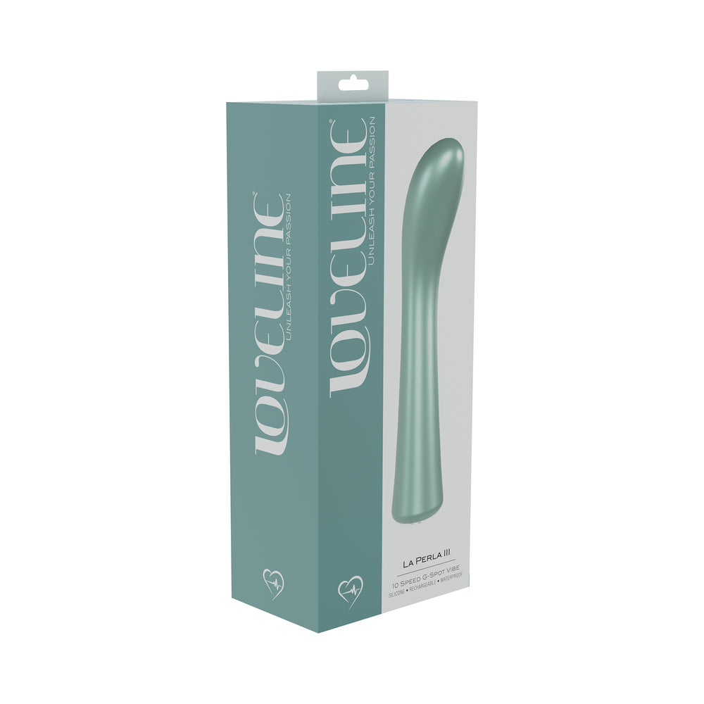 LoveLine La Perla III Rechargeable Silicone G-Spot Vibrator Green green LoveLine La Perla III curved G-spot vibrator pictured on teal retail box