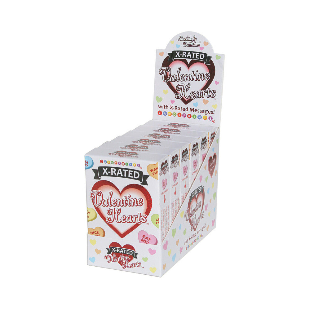 X-Rated Valentine Hearts Candy Boxes 6-Piece Display six-box X-Rated Valentine Hearts candy display with white countertop tray