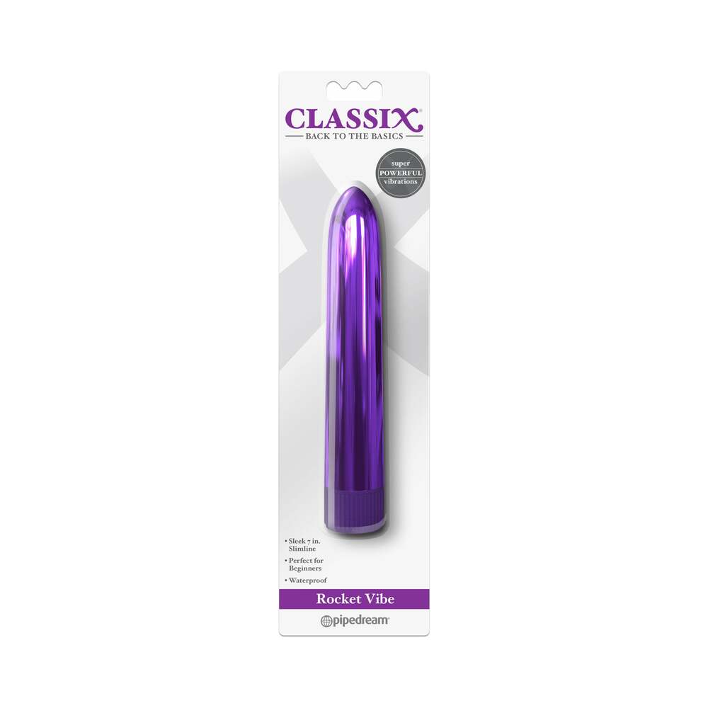 Classix Rocket Vibe 7 in. Slimline Vibrator Purple Pipedream Classix Rocket purple 7-inch vibrator in white retail box