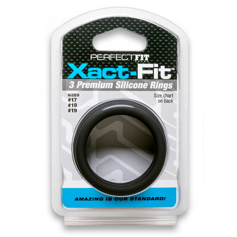 Curve Toys Perfect Fit Xact-Fit 3-Piece Premium Silicone Rings (#17, #18, #19) Black Perfect Fit Xact-Fit Rings 17 18 19 three stacked black rings in clear-front package
