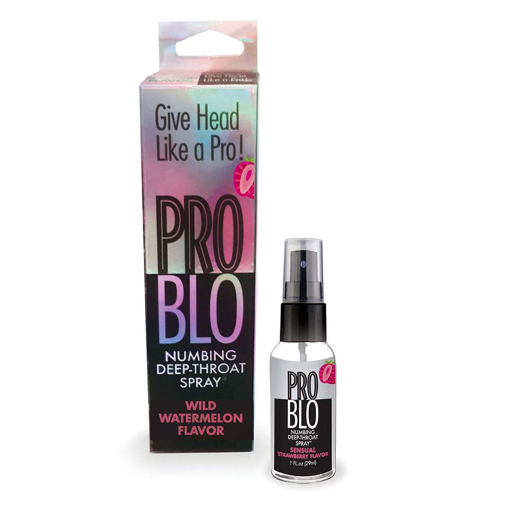 Pro Blo Numbing Deep Throat Spray Strawberry 1 oz. Pro Blo Strawberry 1 oz black pump bottle and carton