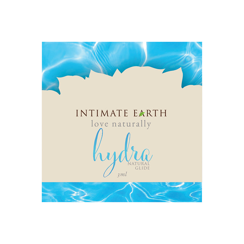 Intimate Earth Hydra Natural Glide 3 ml/0.10 oz Foil Intimate Earth Hydra 3 ml Foil Sample cream packet with blue water-pattern border