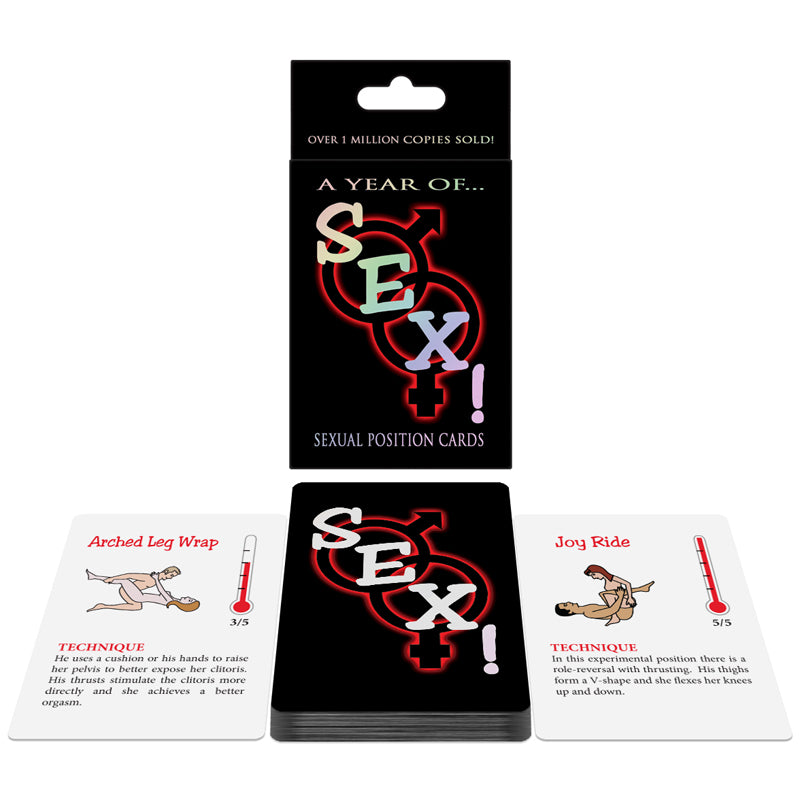 Sex Cards Game black Sex! card game box with stacked deck and two illustrated sample cards