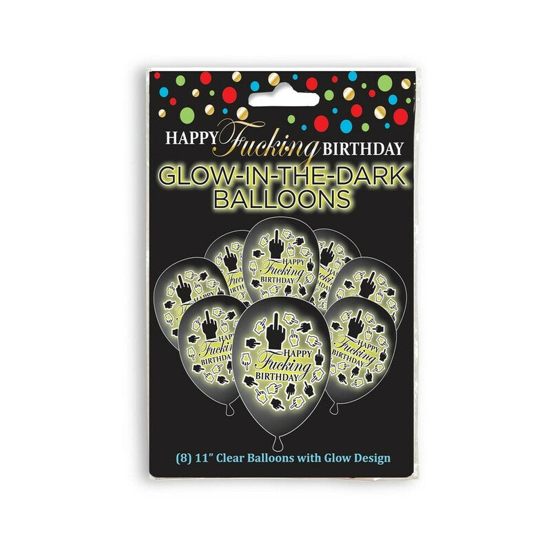 Happy Fucking Birthday Glow in the Dark Balloons 8-Pack black package containing eight clear Happy Fucking Birthday glow-design balloons