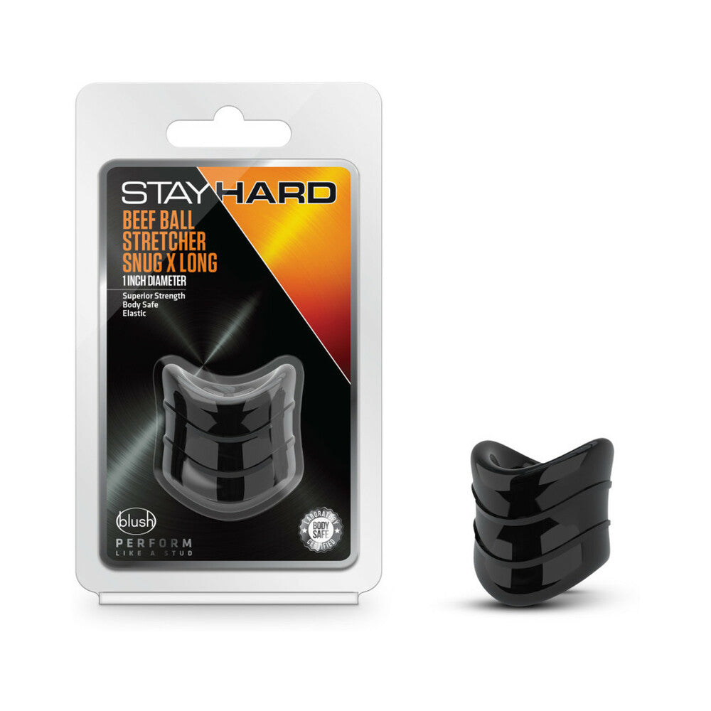 Stay Hard Beef Ball Stretcher Snug X Long 1 in. Black Black Beef Ball Snug X-Long stretcher beside retail package