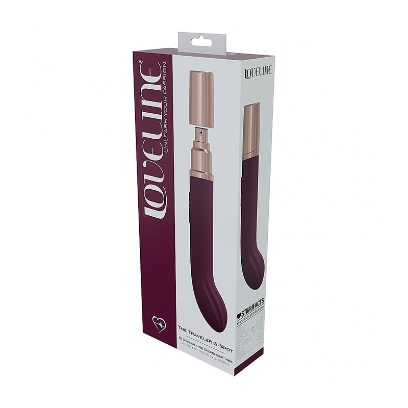 LoveLine Traveler G-Spot Silicone Rechargeable Splashproof Burgundy burgundy LoveLine Traveler G-Spot vibrator displayed in matching wine-red box