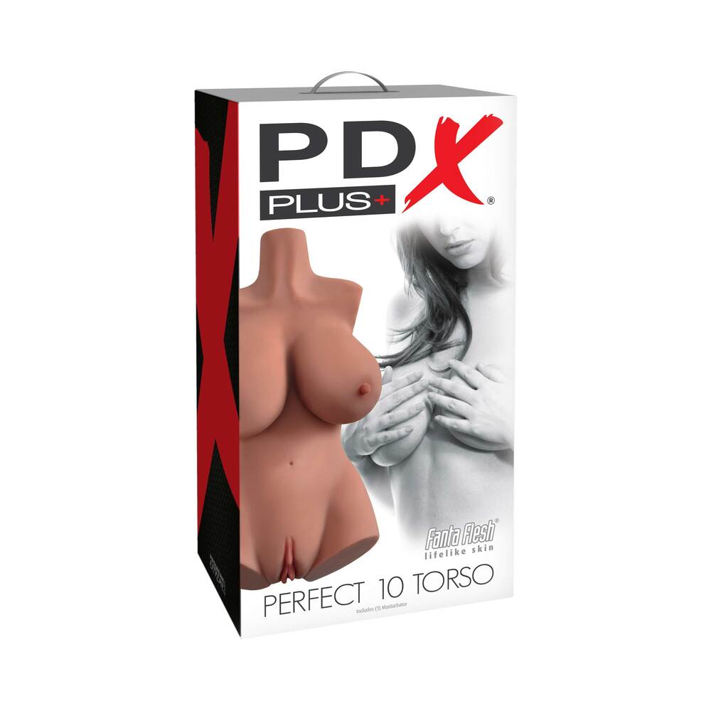 PDX Plus Perfect 10 Torso Dual Entry Masturbator Tan PDX Plus Perfect 10 tan torso masturbator retail box