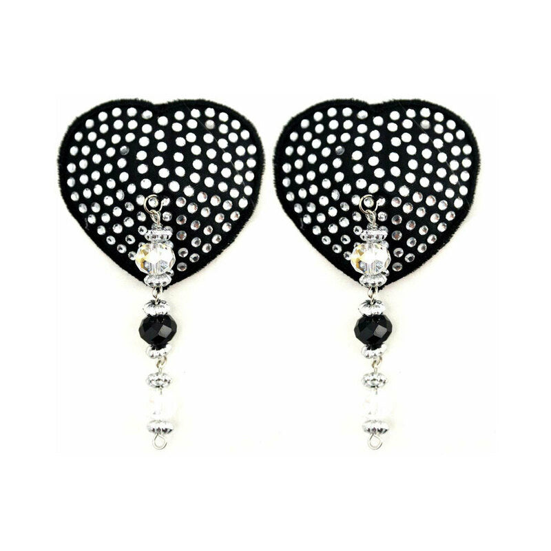Bijoux de Nip Black Crystal Heart Pasties with Faceted Beads pair of black perforated heart pasties with crystal and bead drops