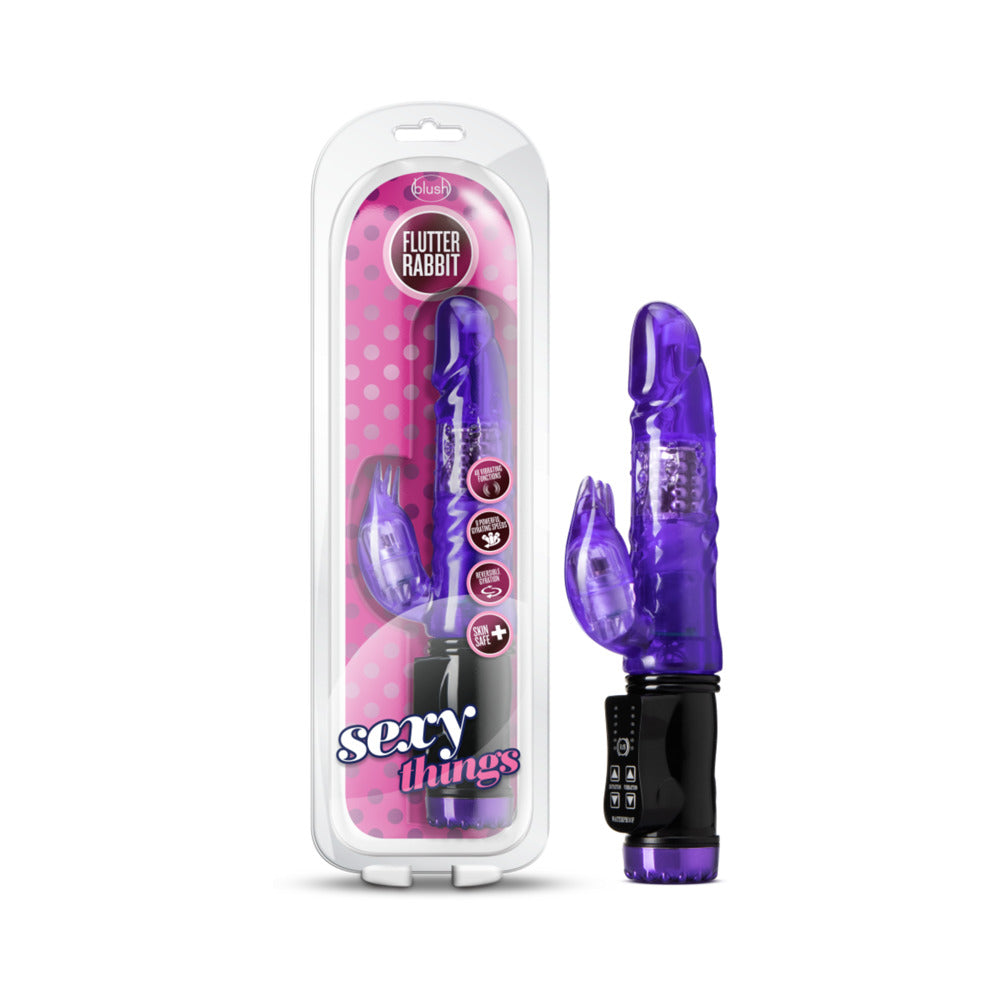Sexy Things Flutter Rabbit Dual Stimulation Vibrator Purple Purple Flutter Rabbit vibrator beside clear Sexy Things package