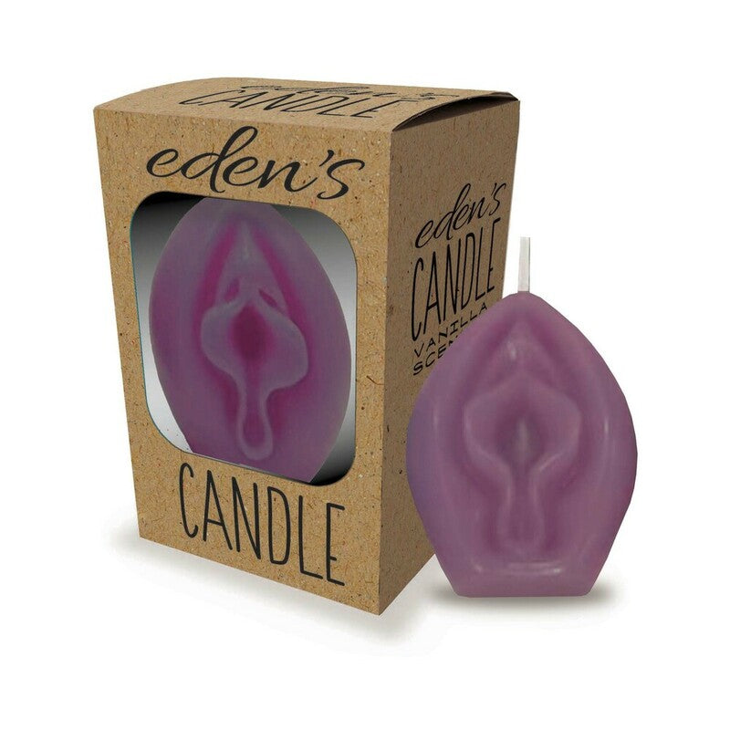 Eden''s Vagina Candle Eggplant purple sculpted Eden's vagina candle next to brown kraft window packaging