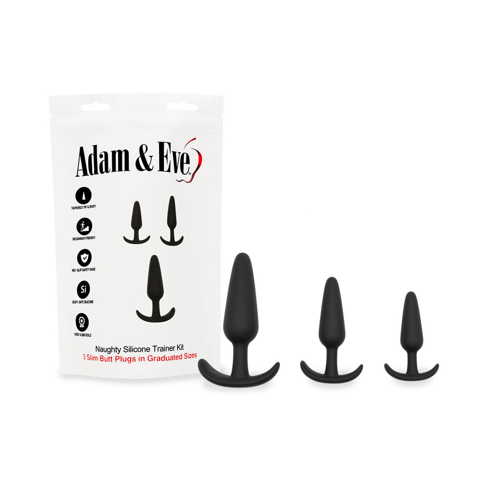 Adam & Eve Naughty Silicone Trainer Kit Black (Bag Packaging) White Adam and Eve bag with three black silicone trainer plugs
