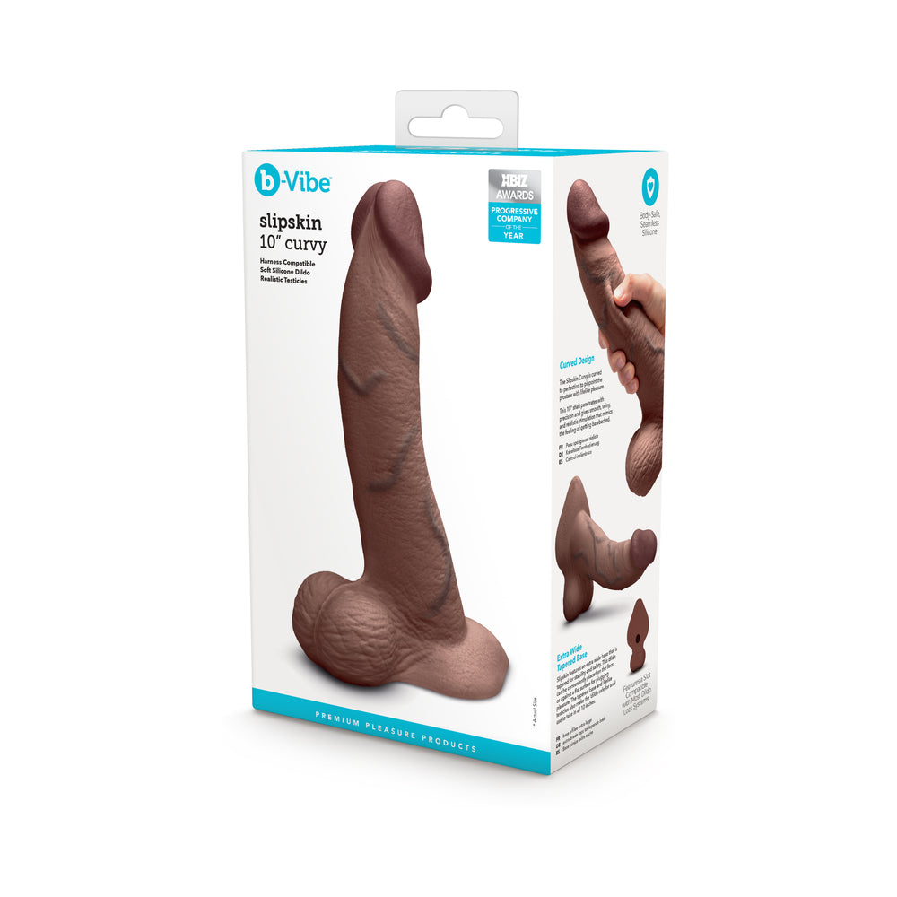 b-Vibe Slipskin Realistic Silicone Dildo 10 in. Curved Brown Brown 10-inch Slipskin Curvy dildo beside retail box