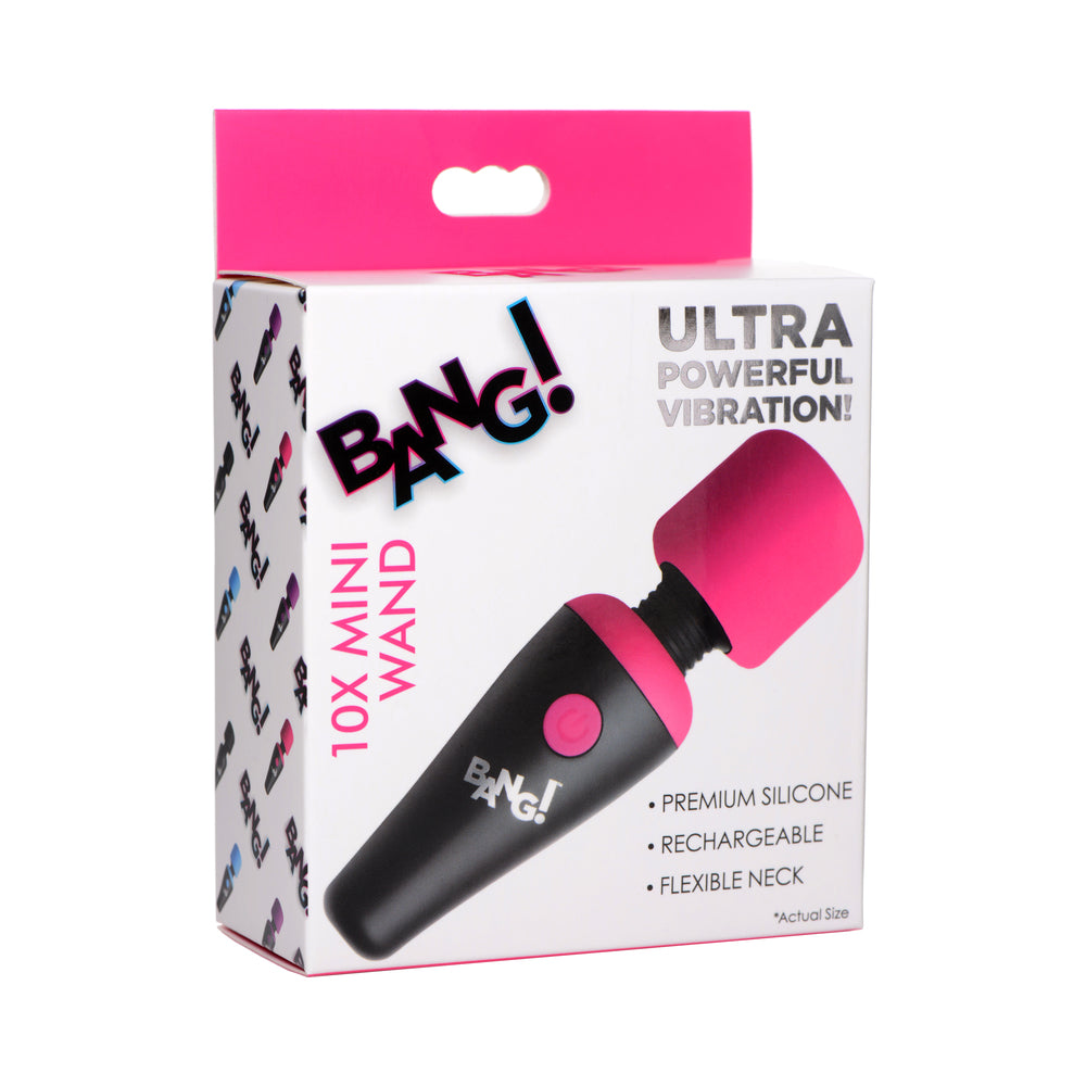 BANG! 10X Vibrating Mini Silicone Wand Pink pink and black BANG 10X rechargeable mini wand on pink-trimmed retail box