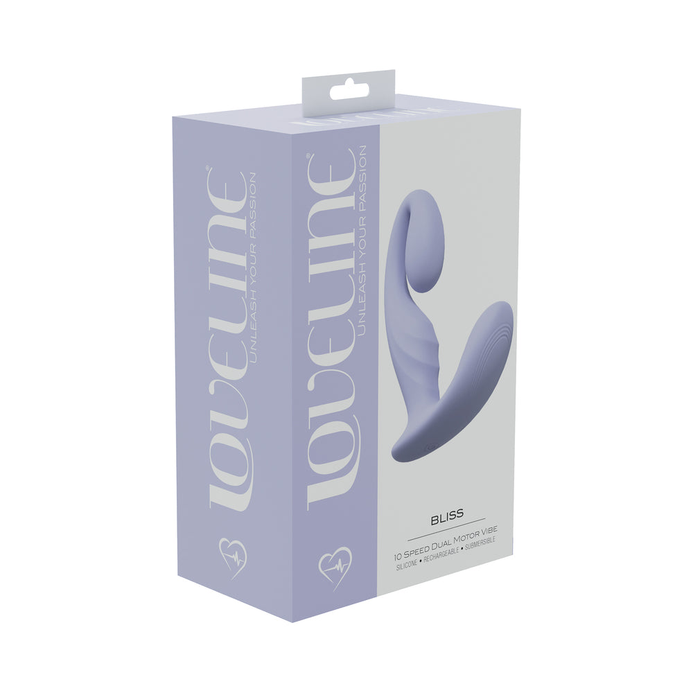 LoveLine Bliss 10 Speed Dual Motor Vibe Sealed Silicone Rechargeable Submersible Lavender lavender LoveLine Bliss curved twin-arm vibrator on purple retail box