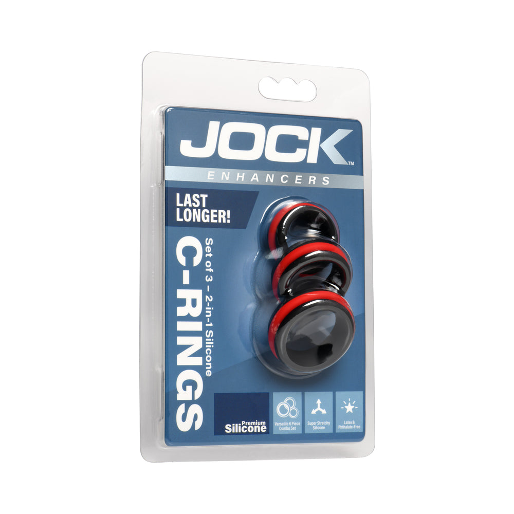 JOCK Enhancers Set of 3 - 2-in-1 Silicone C-Rings JOCK Enhancers three-piece black and red ring set in package