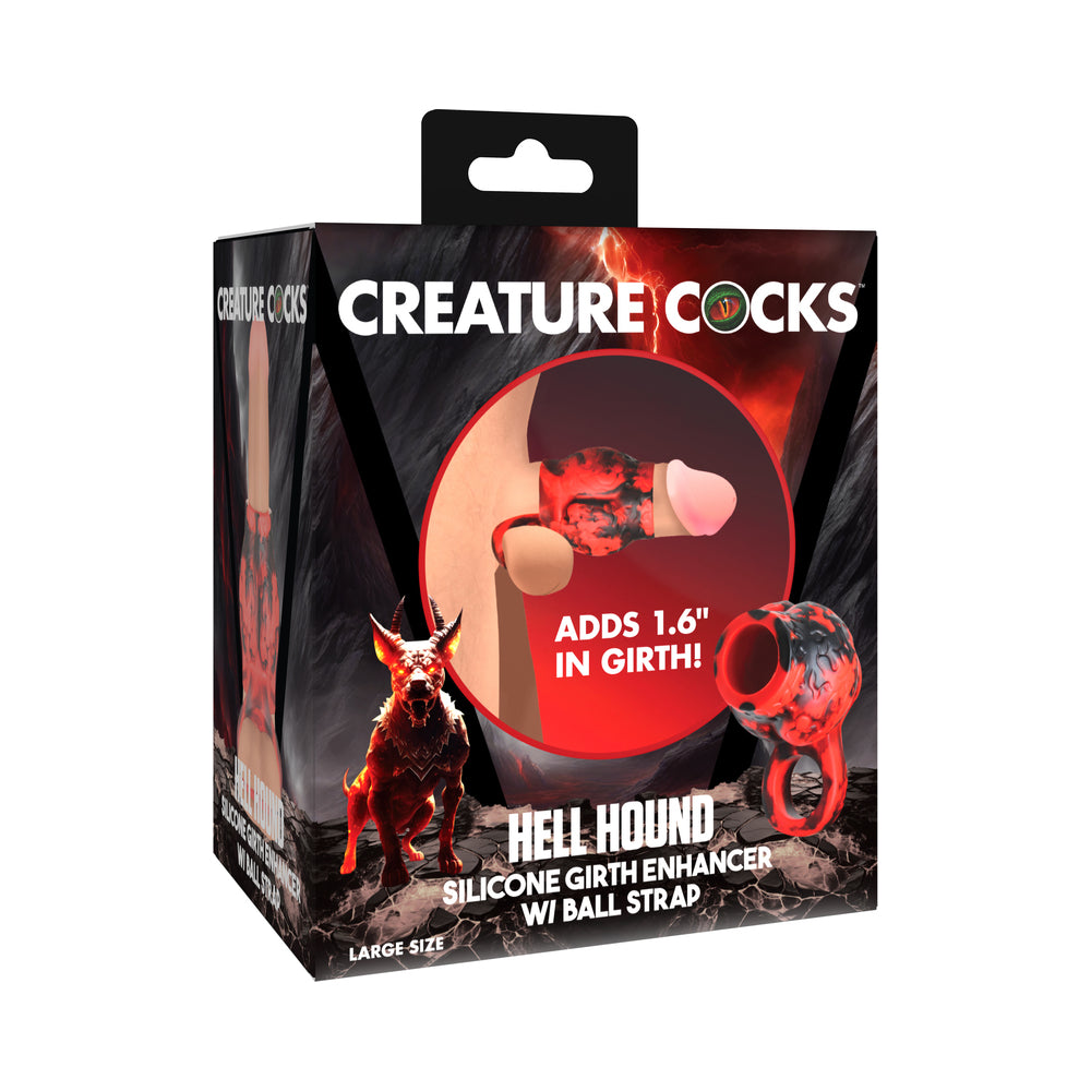 Creature Cocks Hell Hound Silicone Girth Enhancer with Ball Strap L Creature Cocks Hell Hound large red girth enhancer box with 1.6-inch girth callout and red hound artwork