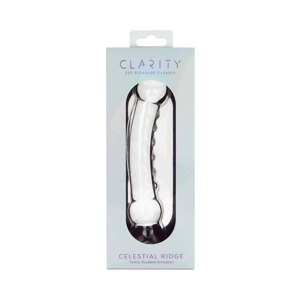Clarity Celestial Ridge Glass Dildo Clarity Celestial Ridge clear sculpted glass dildo in pale box
