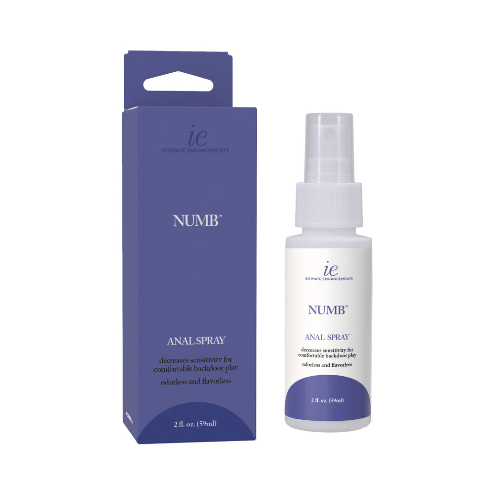 Intimate Enhancements Numb Anal Numbing Spray 2 oz. Intimate Enhancements 2 oz anal spray bottle beside violet box