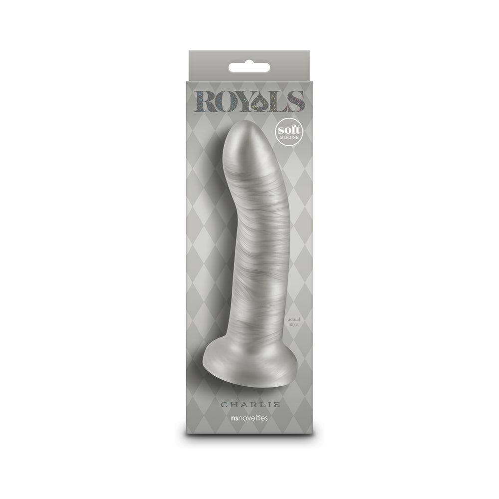 Royals Charlie 7 in. Metallic Curved Dildo Champagne Royals Charlie champagne curved dildo displayed in silver retail box