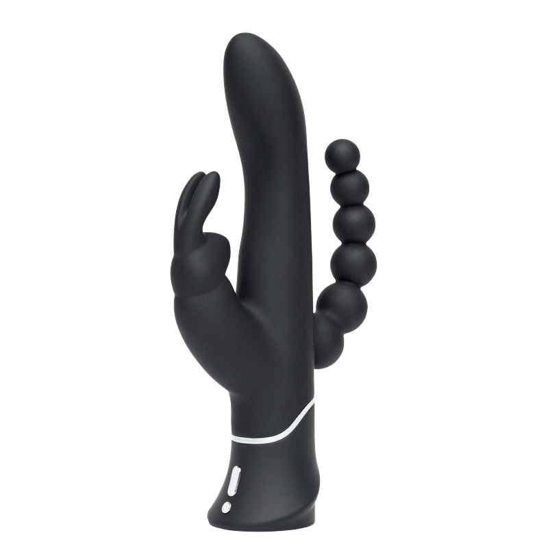 Happy Rabbit Triple Rechargeable Silicone Dual-Entry Rabbit Vibrator Black Happy Rabbit Triple black silicone vibrator upright side view showing main shaft rabbit arm and bead row