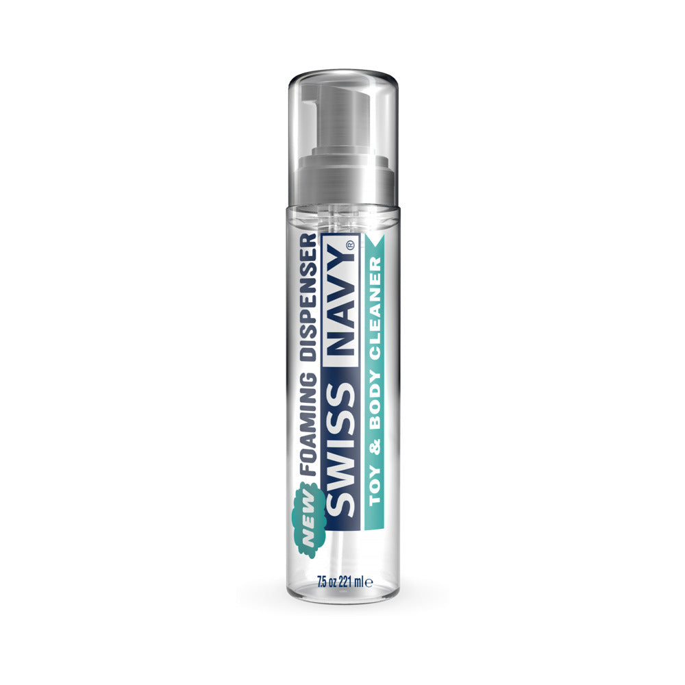 Swiss Navy Toy and Body Cleaner Foamer 7 oz. Tall clear Swiss Navy cleaner foaming dispenser with white pump and cap
