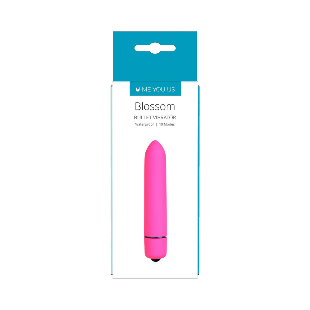 Me You Us Blossom 10 Mode Bullet Vibrator Pink Me You Us Blossom hot-pink bullet vibrator displayed vertically in white-and-teal hanging package