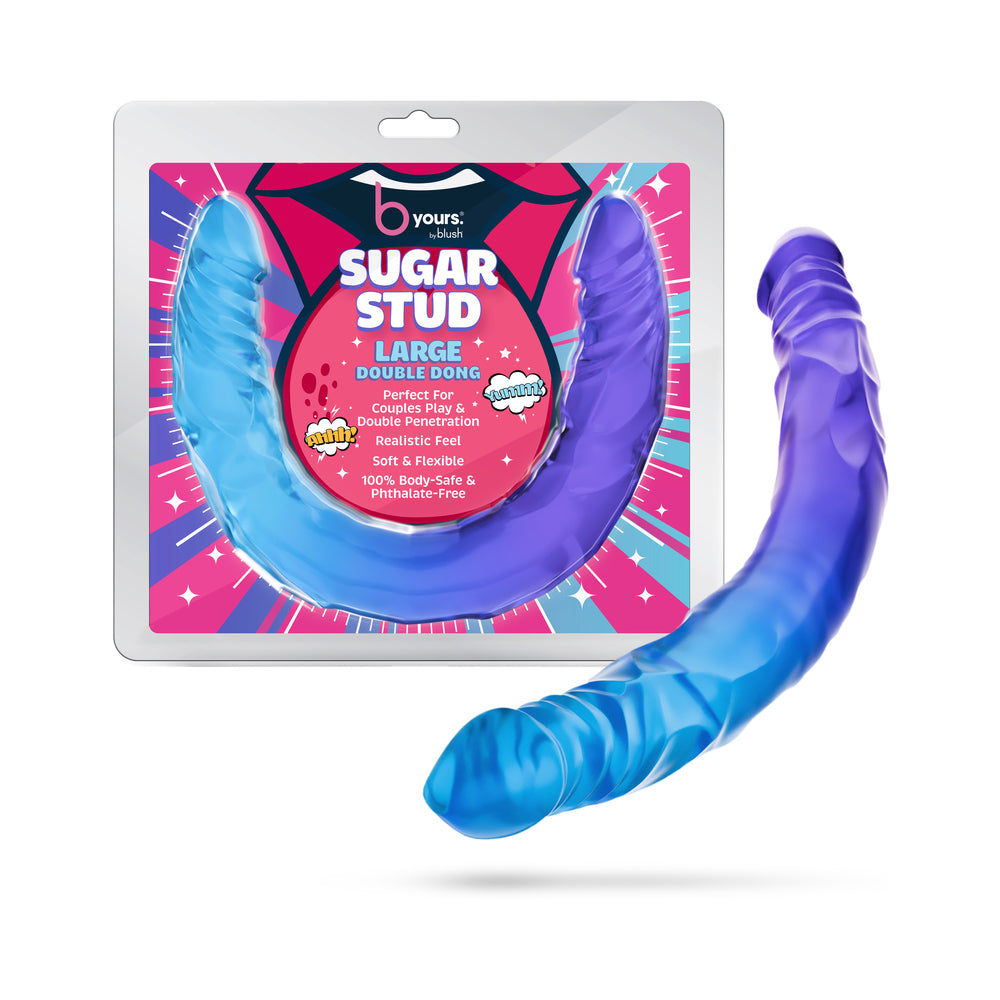 B Yours Sugar Stud Blush B Yours Sugar Stud blue-purple double-ended dildo curved beside its colorful retail package