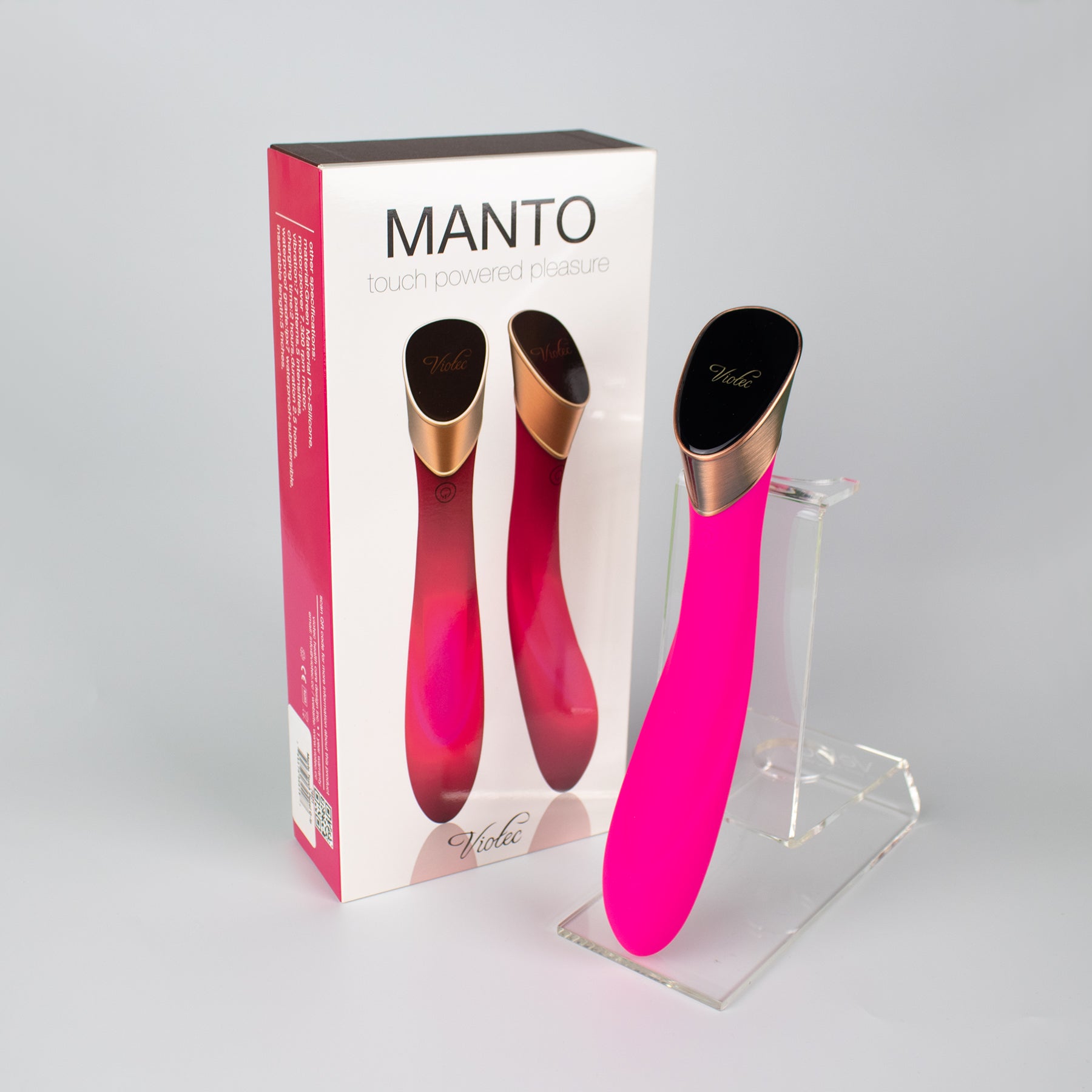 Manto Touch Panel G-Spot Vibrator Fuchsia Fuchsia Viotec Manto vibrator beside retail box and stand