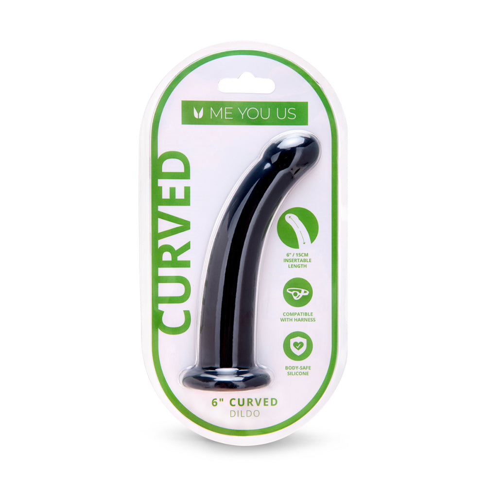 Me You Us 6 in. Curved Silicone Dildo Black glossy black Me You Us six-inch curved silicone dildo with flared base in package