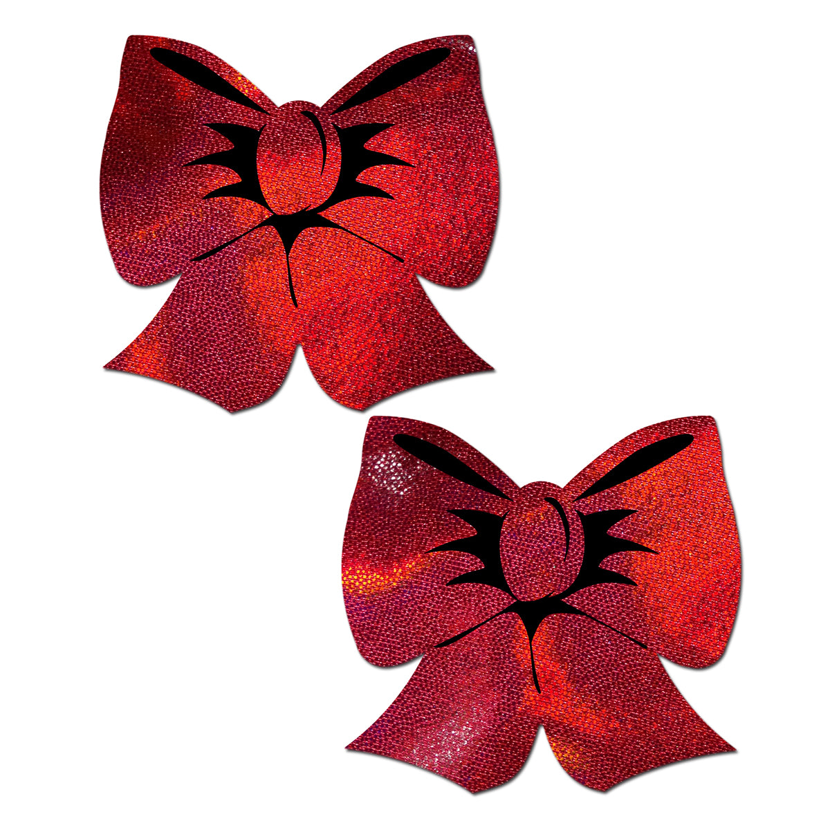 Pastease Holographic Red Bow Pasties red holographic bow-shaped Pastease pasties with black ribbon details