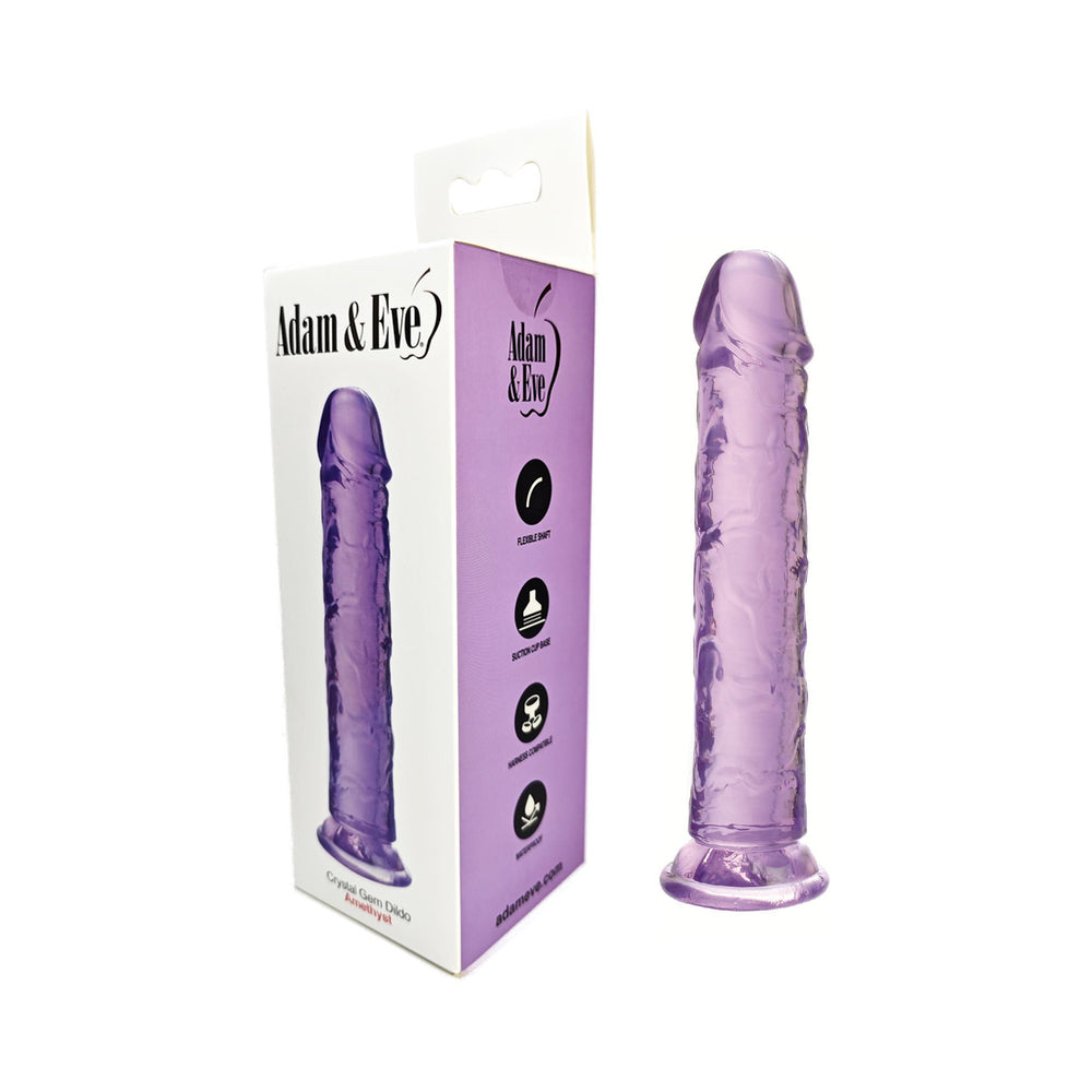 Adam & Eve Crystal Gem Dildo Amethyst Amethyst Crystal Gem translucent purple dildo beside white retail box