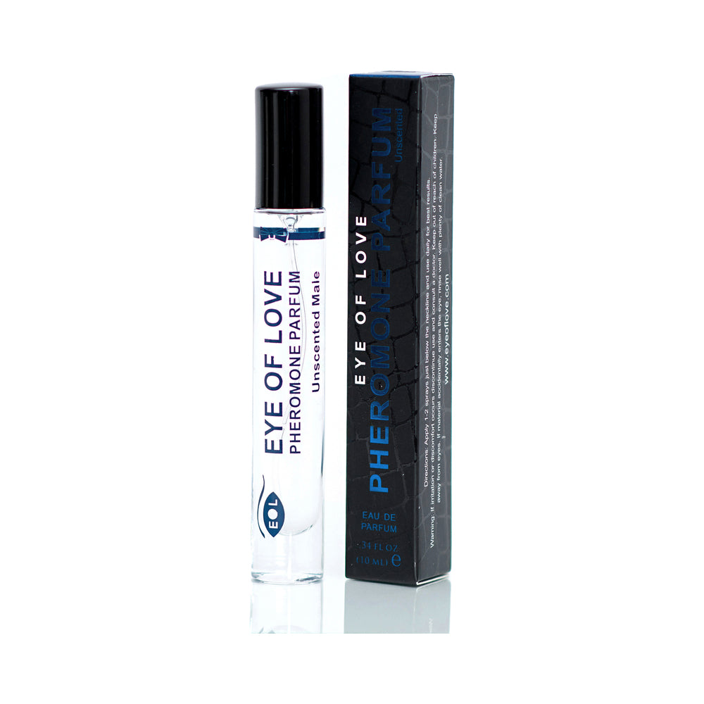 Eye of Love Unscented Male Pheromone Parfum 10 ml clear male pheromone roll-on beside white and navy Eye of Love carton