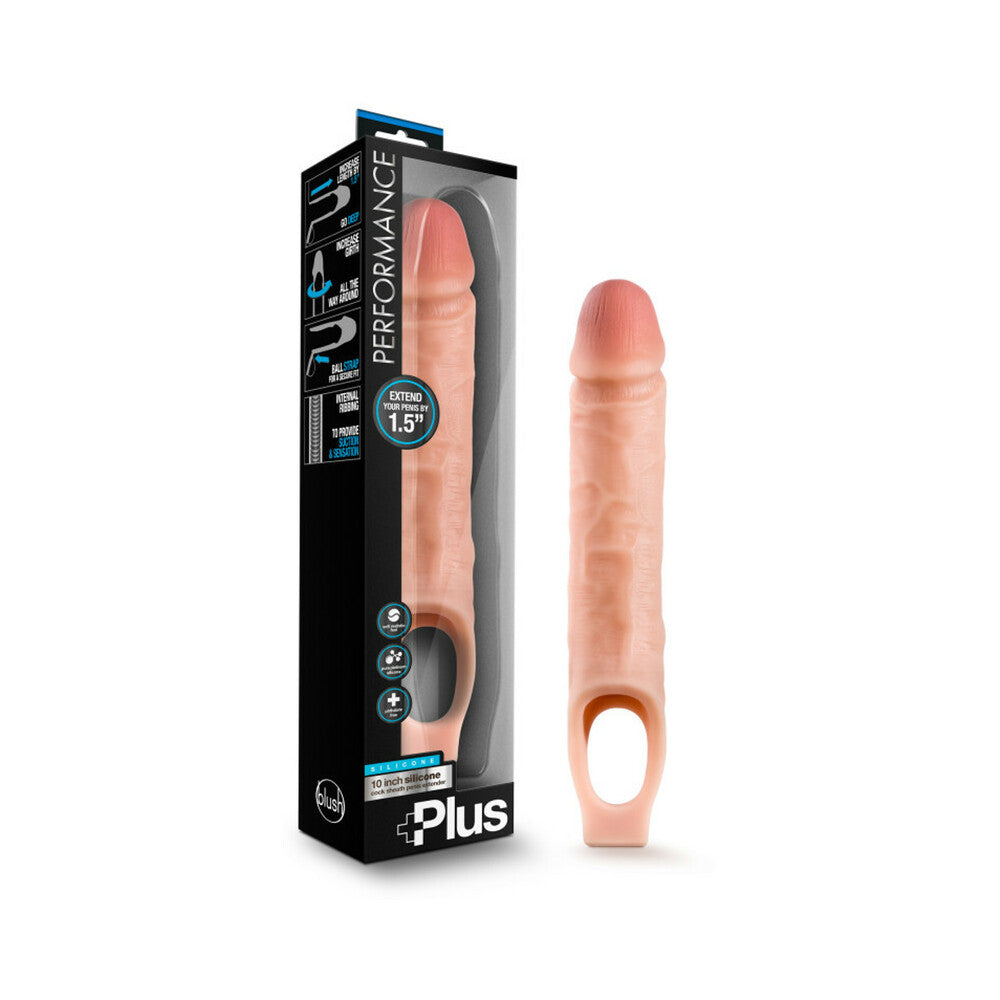 Performance Plus 10 in. Silicone Cock Sheath Penis Extender Sling Beige Blush Performance Plus 10-inch beige sheath beside retail box