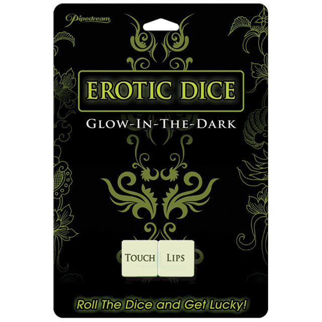 Pipedream Glow-in-the-Dark Erotic Dice Black-and-green Pipedream Erotic Dice card with two glow-in-the-dark dice