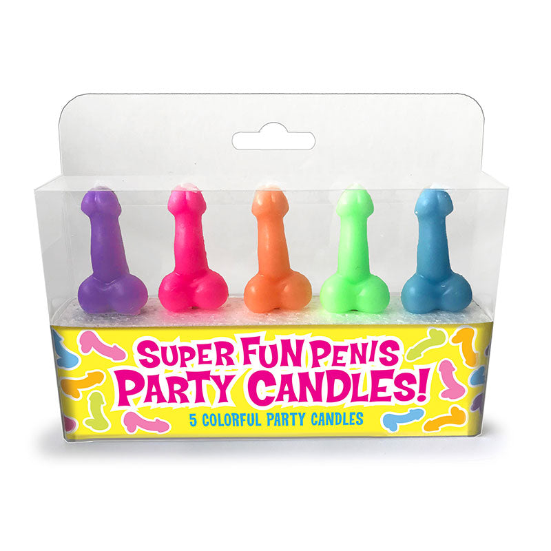 Super Fun Penis Candles Super Fun phallic candles five purple, pink, orange, green and blue candles in clear display box
