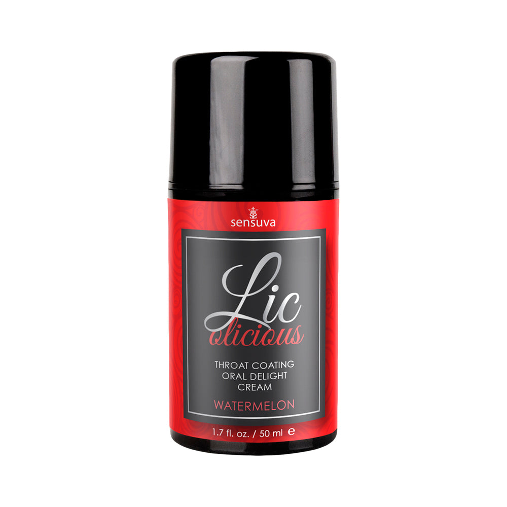 Sensuva Lic-o-licious Throat Coating Oral Delight Cream Watermelon 1.7 oz. Sensuva Lic-o-licious Watermelon Cream red and black 1.7-ounce pump bottle front