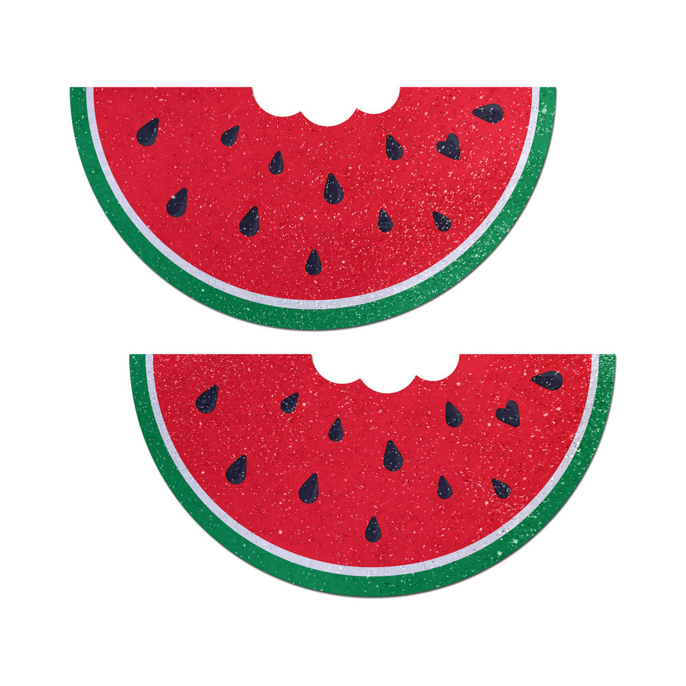 Pastease Watermelon Slice with a Bite Full Breast Covers Suppoort Tape pair of glitter watermelon slice breast covers with black seeds and bite cutouts