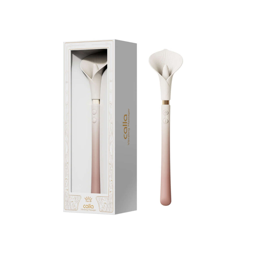 Zalo Aurora Series Calla Blossom Pink Zalo Aurora Calla Blossom Pink flower-head wand vibrator beside the tall windowed retail box